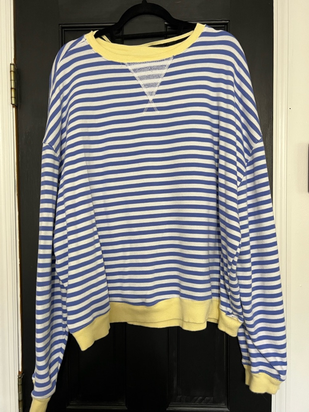 Free People Blue & White Striped Lightweight Sweatshirt with Yellow Trim